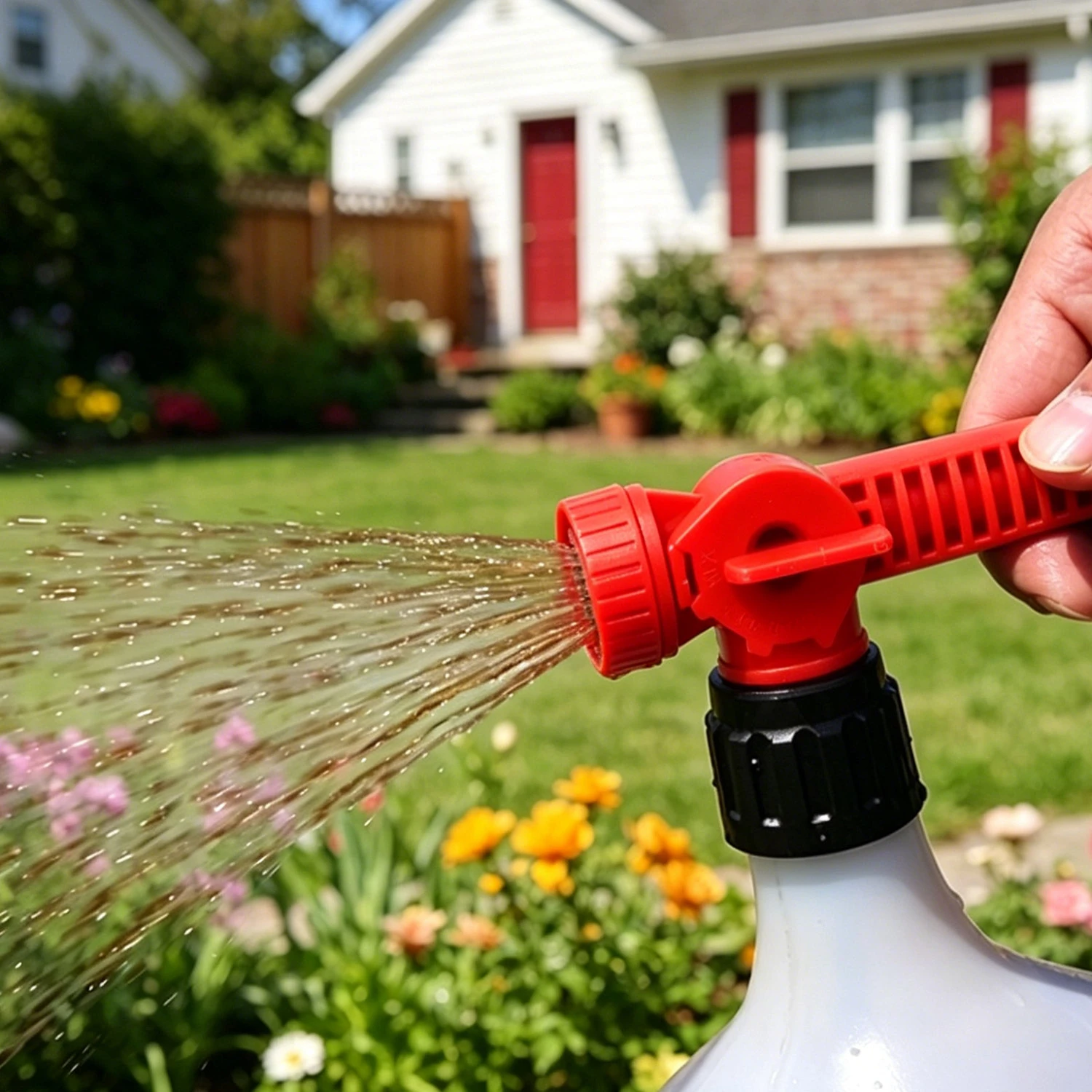 Gartenschlauchendspr&uuml;her mit Duschspray zur Bew&auml;sserung von Fl&uuml;ssigd&uuml;ngern zur Sch&auml;dlingsbek&auml;mpfung